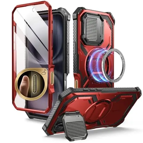 i-Blason Armorbox for iPhone 16 Plus Case MagSafe with Stand, 360° Full-Body with Built-in Screen Protector, Camera Control, Camera Cover Kickstand, Heavy Duty Protection for iPhone 16 Plus, Red 