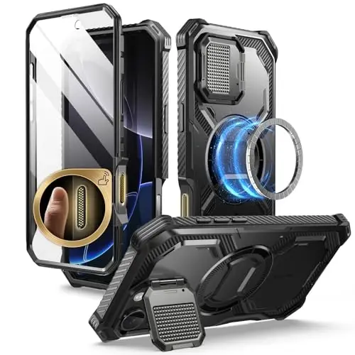 i-Blason Armorbox for iPhone 16 Pro Max Case MagSafe with Stand, 360° Full-Body with Built-in Screen Protector, Camera Control, Camera Cover Kickstand, Heavy Duty Protection, Black - 1