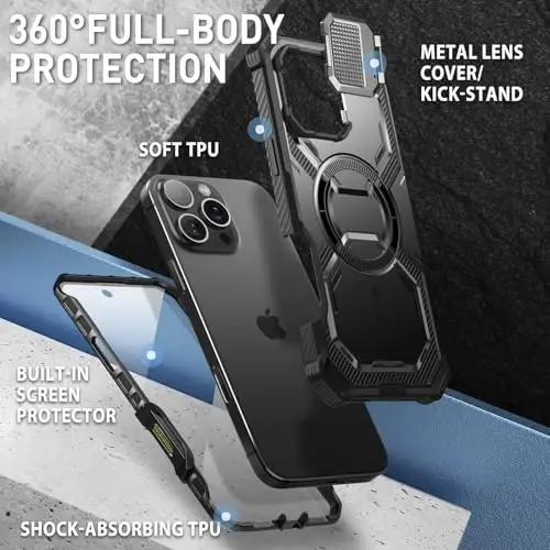 i-Blason Armorbox for iPhone 16 Pro Max Case MagSafe with Stand, 360° Full-Body with Built-in Screen Protector, Camera Control, Camera Cover Kickstand, Heavy Duty Protection, Black - 4