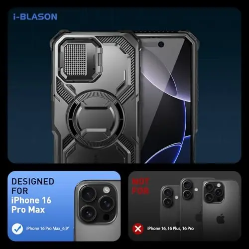 i-Blason Armorbox for iPhone 16 Pro Max Case MagSafe [Camera Control Button Cover] [Camera Cover Stand] [Military Protection] Full-Body Magnetic Phone Case with Built-in Screen Protector, Black - 2