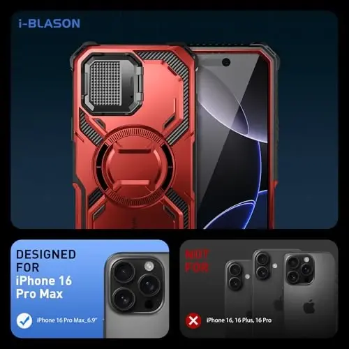 i-Blason Armorbox for iPhone 16 Pro Max Case MagSafe [Camera Control Button Cover] [Camera Cover Stand] [Military Protection] Full-Body Magnetic Phone Case with Built-in Screen Protector, Red - 2