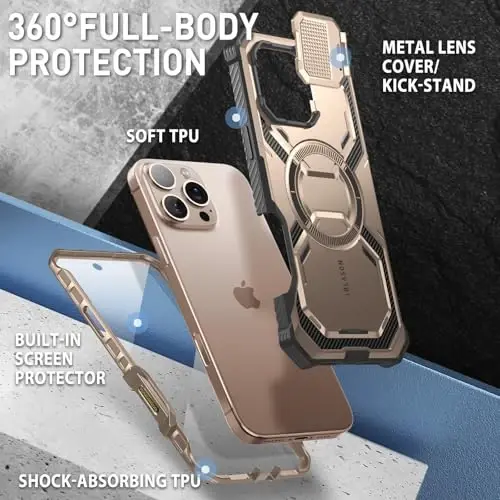 i-Blason Armorbox for iPhone 16 Pro Max Case MagSafe with Stand, 360° Full-Body with Built-in Screen Protector, Camera Control, Camera Cover Kickstand, Heavy Duty Protection Shockproof Case, Desert - 4