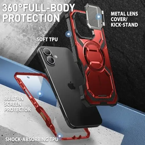 i-Blason Armorbox for iPhone 16 Plus Case MagSafe with Stand, 360° Full-Body with Built-in Screen Protector, Camera Control, Camera Cover Kickstand, Heavy Duty Protection for iPhone 16 Plus, Red - 4
