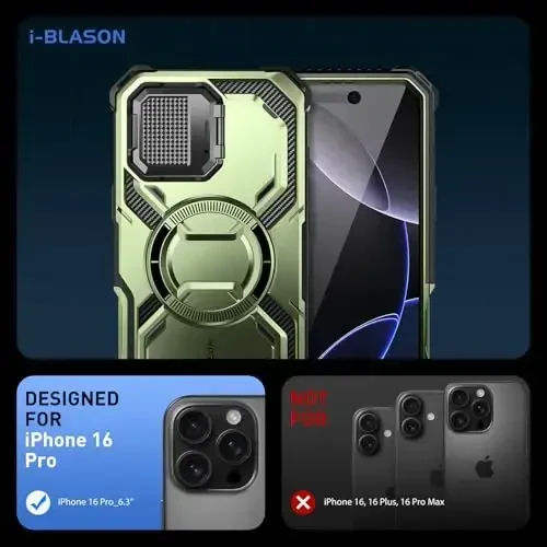i-Blason for iPhone 16 Pro Case MagSafe, [Camera Control Button] [Built-in Screen Protector] [Camera Cover Stand], Military Protection Phone Case for iPhone 16 Pro, Armorbox Series, DarkGreen - 6