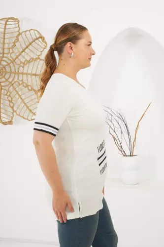 İ Love Baskılı Büyük Beden Tişört Ekru - 3