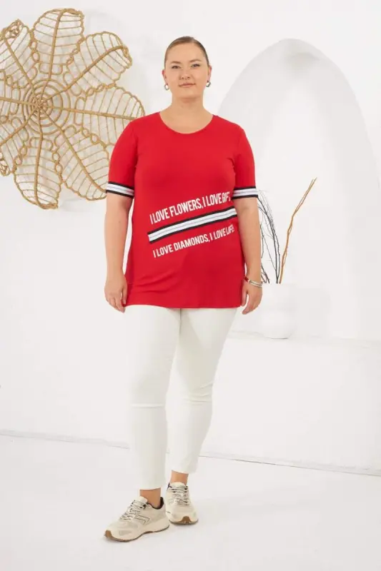 I Love Printed Plus Size T-Shirt Red - 5