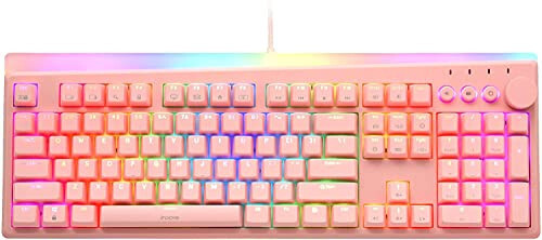 i-Rocks K71M RGB Mechanical Gaming Keyboard with Media Control Knob, Gateron Switches (Blue), 107 Keys w/Full NKRO, PBT Keycaps, Multimedia Hotkeys, Detachable USB-C Cable and Onboard Storage, Pink - 1