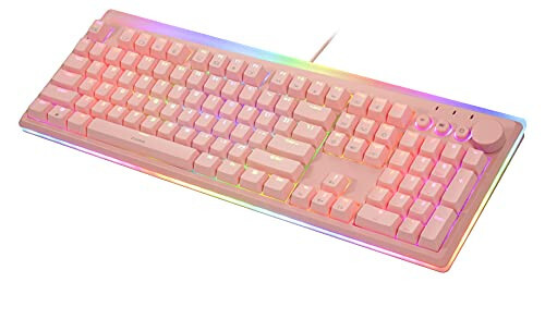 i-Rocks K71M RGB Mechanical Gaming Keyboard with Media Control Knob, Gateron Switches (Blue), 107 Keys w/Full NKRO, PBT Keycaps, Multimedia Hotkeys, Detachable USB-C Cable and Onboard Storage, Pink - 2