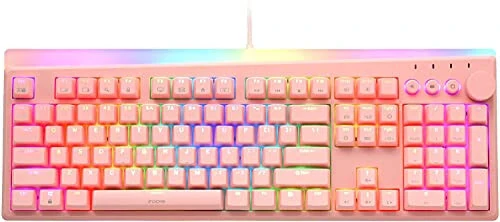 i-rocks K71M RGB Mechanical Gaming Keyboard with Media Control Knob, Switches (Red), 107 Keys w/Full NKRO, PBT Keycaps, Multimedia Hotkeys, Detachable USB-C Cable and Onboard Storage, Pink - i-rocks