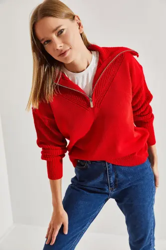 -i Women's Fisherman Ribbed Funnel Neck Zip-Up Knit Sweater-Red 
