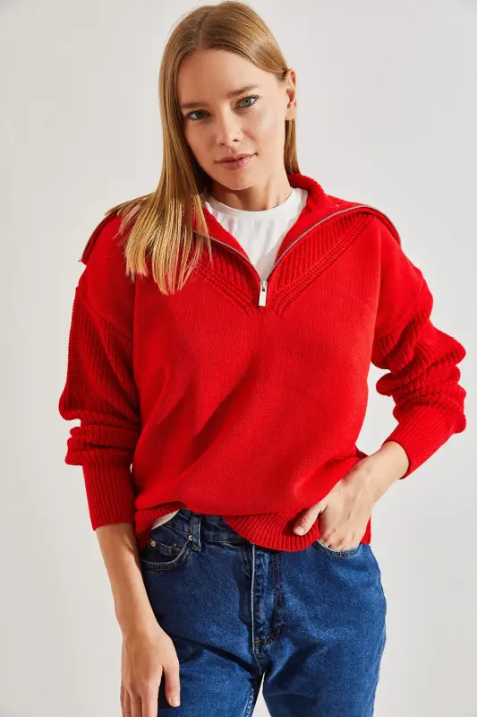 -i Women's Fisherman Ribbed Funnel Neck Zip-Up Knit Sweater-Red - 2
