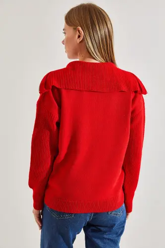 -i Women's Fisherman Ribbed Funnel Neck Zip-Up Knit Sweater-Red - 4