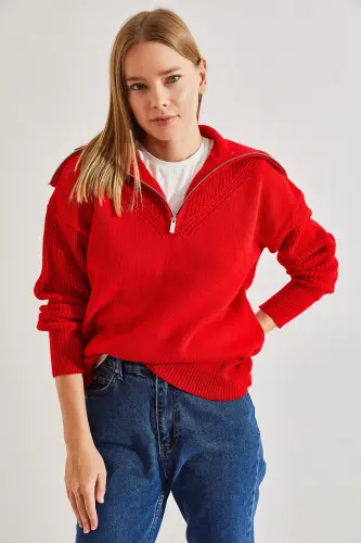 -i Women's Fisherman Ribbed Funnel Neck Zip-Up Knit Sweater-Red - 5