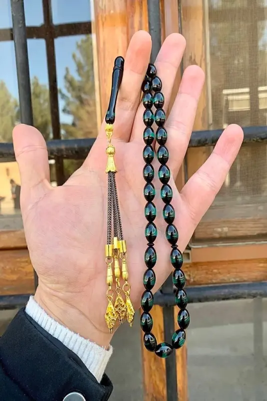 Янтарные четки с мужской отделкой сурьмой - TESBIH DÜNYASI