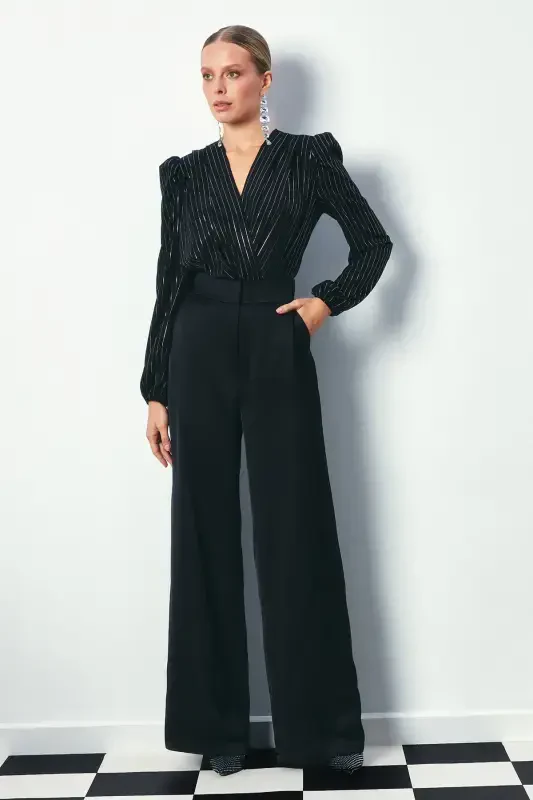 Яркая Блуза-Боди В Полоску - ЧЕРНЫЙ-ЧЕРНЫЙ - 4