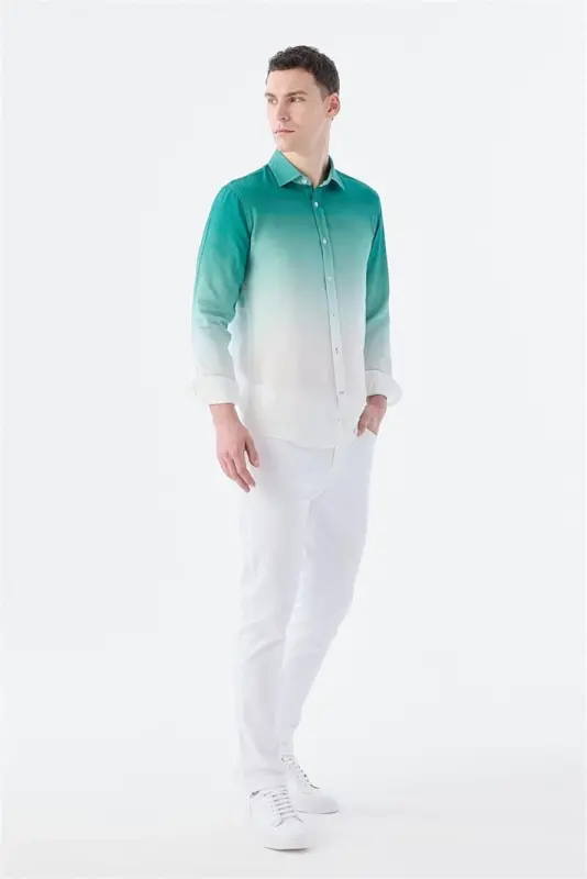 Яшил Comfort Fit тугмали ёқаси осон дазмолланган кўйлак - 4