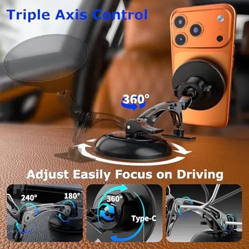 iAXBi Dual Support for MagSafe Car Mount, Magnetic Phone Holder for Car with Vacuum, 360°Adjustable Metal Head &Extension Rod, Cell Phone Holders for Your Car for iPhone17/16/15/14/13/12, Android - IAXBI (1)