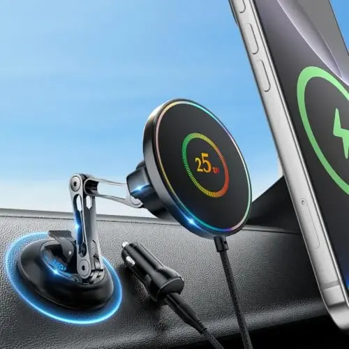 iAXBi for 25W MagSafe Car Mount Charger, Magnetic Wireless Car Charger with 45W Adapter [120 LBS Strongest Suction] 360°Adjustable Metal Head, Vacuum Suction Cup Phone Mount for iPhone 12-17 Series - 1