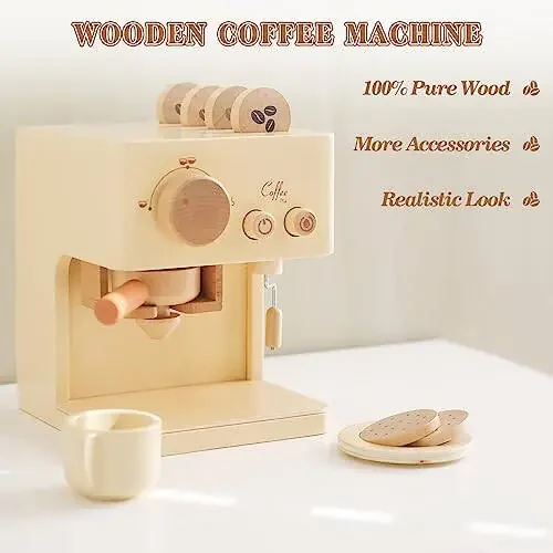 ibwaae Kids Coffee Maker 10Pcs Toy Coffee Maker Playset Wooden Kitchen Set Toys Toddler Play Kitchen Accessories, Pretend Play Food Sets for Girls and Boys - 27
