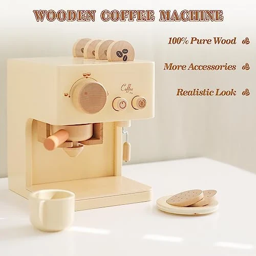 ibwaae Kids Coffee Maker 10Pcs Toy Coffee Maker Playset Wooden Kitchen Set Toys Toddler Play Kitchen Accessories, Pretend Play Food Sets for Girls and Boys - 15
