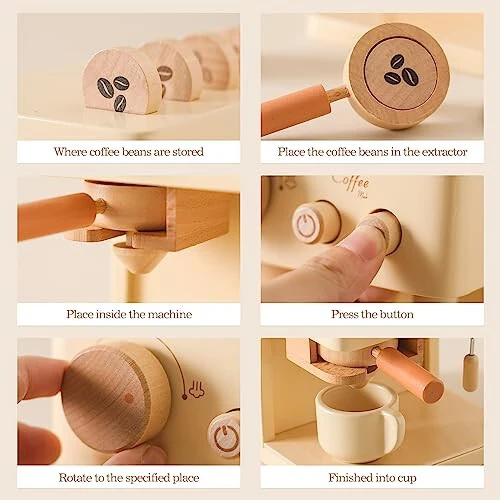 ibwaae Kids Coffee Maker 10Pcs Toy Coffee Maker Playset Wooden Kitchen Set Toys Toddler Play Kitchen Accessories, Pretend Play Food Sets for Girls and Boys - 16