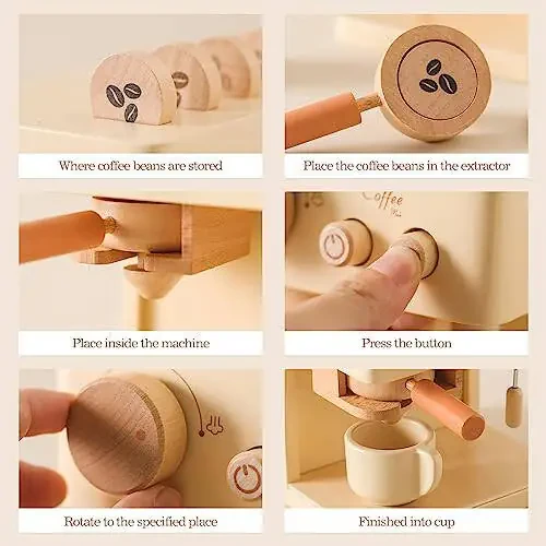 ibwaae Kids Coffee Maker 10Pcs Toy Coffee Maker Playset Wooden Kitchen Set Toys Toddler Play Kitchen Accessories, Pretend Play Food Sets for Girls and Boys - 16