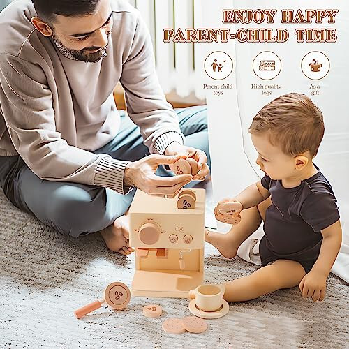 Ibwaae Kids Coffee Maker 10Pcs Toy Coffee Maker Playset Wooden Kitchen Set Toys Toddler Play Kitchen Accessories, Pretend Play Food Sets for Girls and Boys - 36