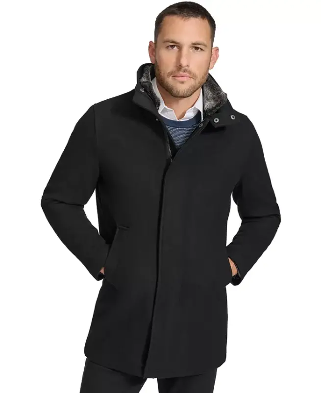 Men's Urban Walker Coat with Detachable Faux Rabbit Fur at Interior Collar - Black - 1