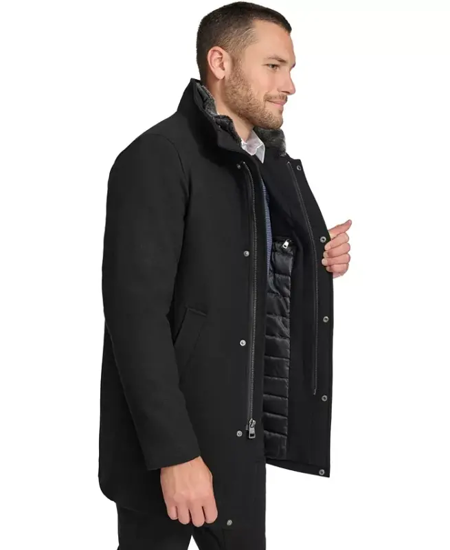 Men's Urban Walker Coat with Detachable Faux Rabbit Fur at Interior Collar - Black - 4