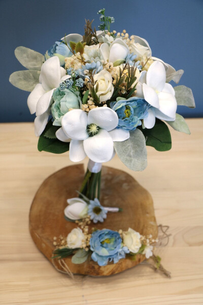 Ice Blue Magnolia Rose Bridal Bouquet 3 Piece Set - 1