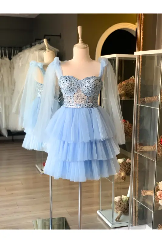 Ice Blue Plastered Lace Covered Mini Evening and Party Dress - Blue - LENTA MODA