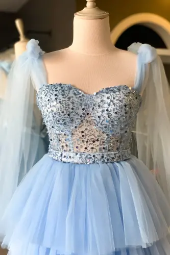 Ice Blue Sequined Lace Mini Night Out and Party Dress-Blue - 2