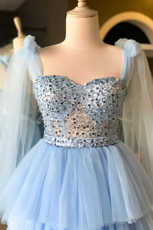 Ice Blue Sequined Lace Mini Night Out and Party Dress-Blue - 2