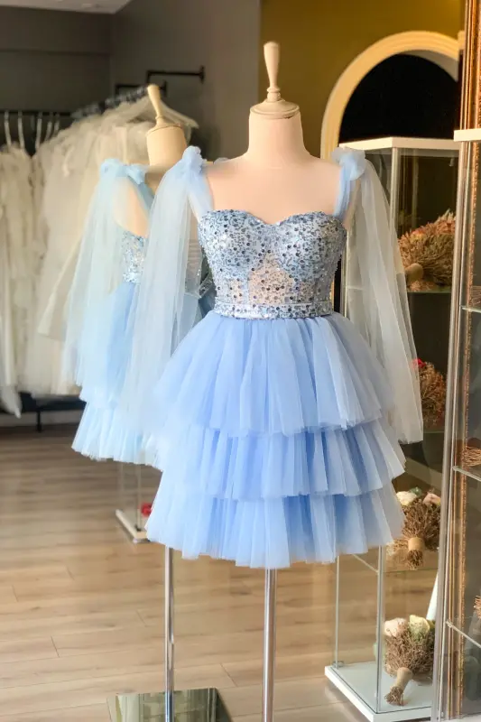 Ice Blue Sequined Lace Mini Night Out and Party Dress-Blue - 3