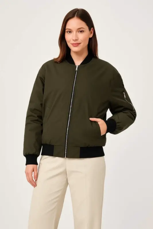 Ichki astarli zamokli bomber kurtka - Haki - 1