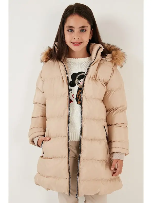 Ichki peluş astarlı, chiqariladigan kapüşonli, suvga chidamli kurtka 5761910-Bej - 1