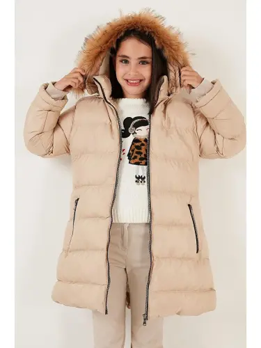 Ichki peluş astarlı, chiqariladigan kapüşonli, suvga chidamli kurtka 5761910-Bej - 4