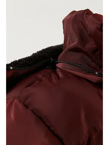 Ichki peluş astarlı olinadigan kapüşonli shishirilgan kurtka 5763038-Bordo 