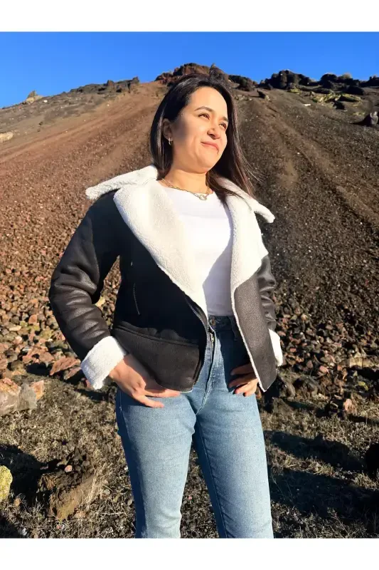 Ichki sun'iy mo'ynali sun'iy zamsh crop biker kurtka - Qora - ARV MODA FASHİON THAT İNSPİRES