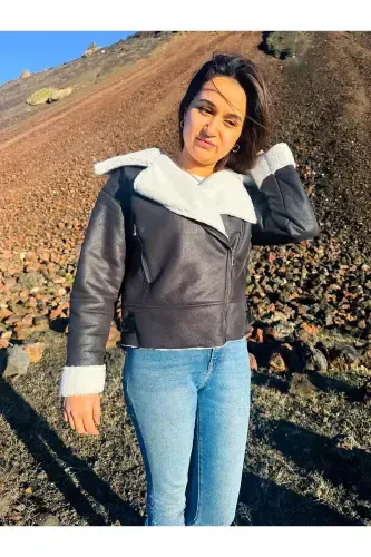 Ichki sun'iy mo'ynali sun'iy zamsh crop biker kurtka - Qora - 3