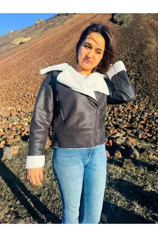 Ichki sun'iy mo'ynali sun'iy zamsh crop biker kurtka - Qora - 3