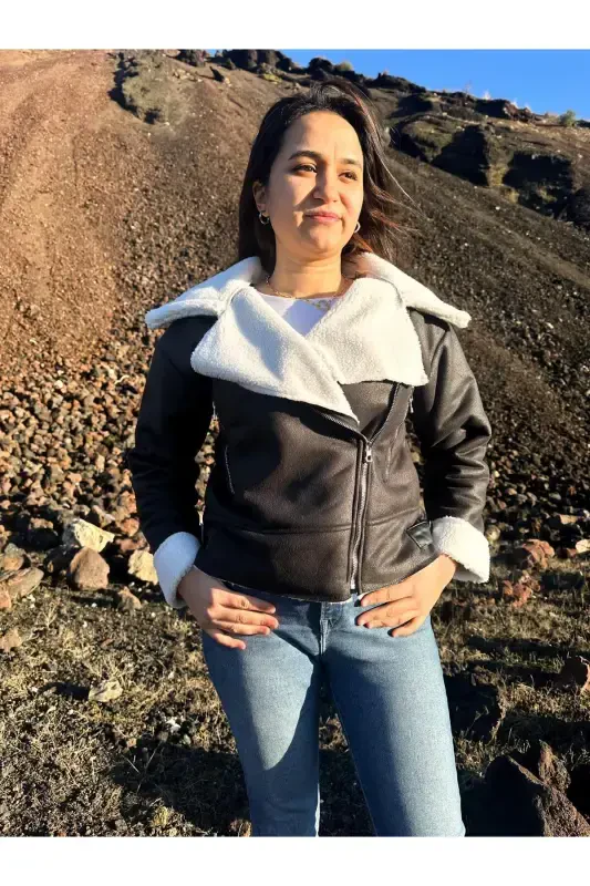 Ichki sun'iy mo'ynali sun'iy zamsh crop biker kurtka - Qora - 4