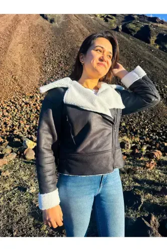 Ichki sun'iy mo'ynali sun'iy zamsh crop biker kurtka - Qora - 5