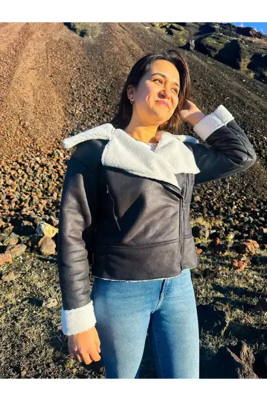 Ichki sun'iy mo'ynali sun'iy zamsh crop biker kurtka - Qora - 5