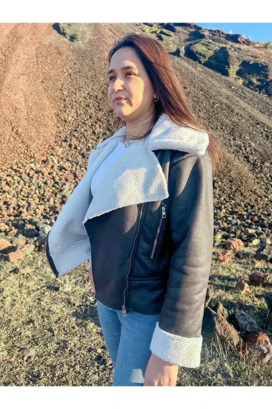 Ichki sun'iy mo'ynali sun'iy zamsh crop biker kurtka - Qora - 6