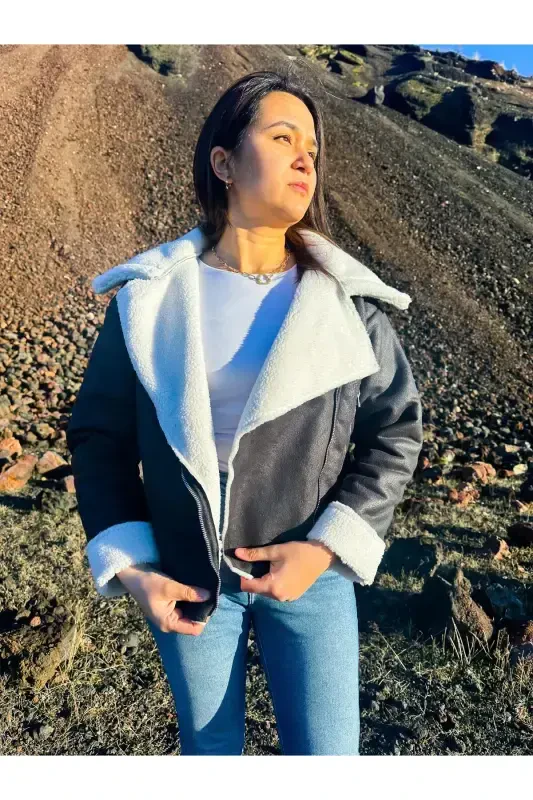 Ichki sun'iy mo'ynali sun'iy zamsh crop biker kurtka - Qora - 7