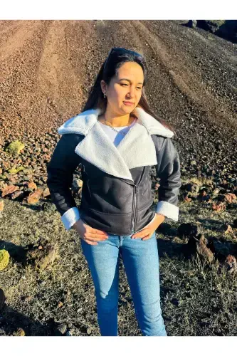 Ichki sun'iy mo'ynali sun'iy zamsh crop biker kurtka - Qora - 8