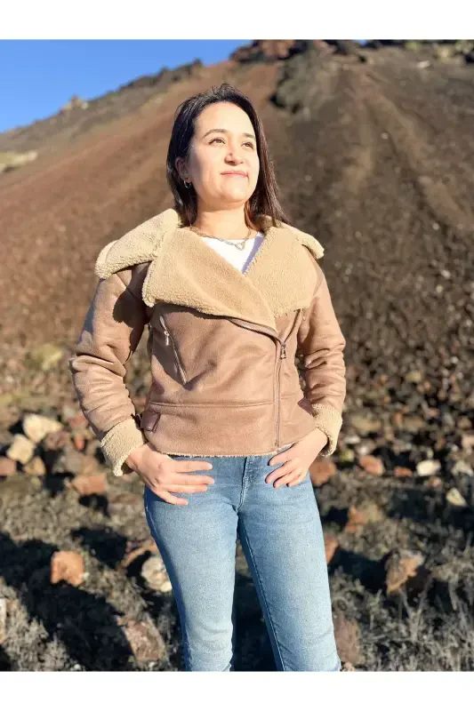 Ichki sun'iy mo'ynali sun'iy zamsh qisqa biker kurtka - och jigarrang - 3