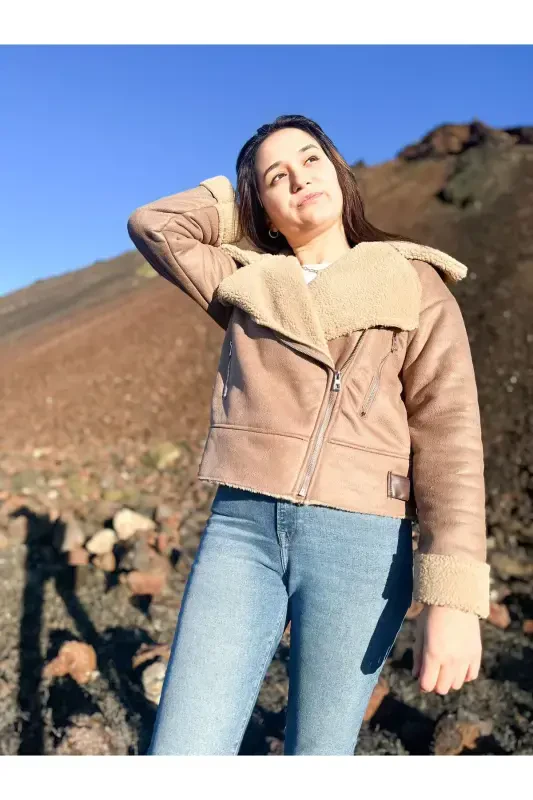 Ichki sun'iy mo'ynali sun'iy zamsh qisqa biker kurtka - och jigarrang - 4