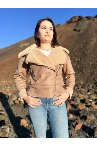 Ichki sun'iy mo'ynali sun'iy zamsh qisqa biker kurtka - och jigarrang - 5